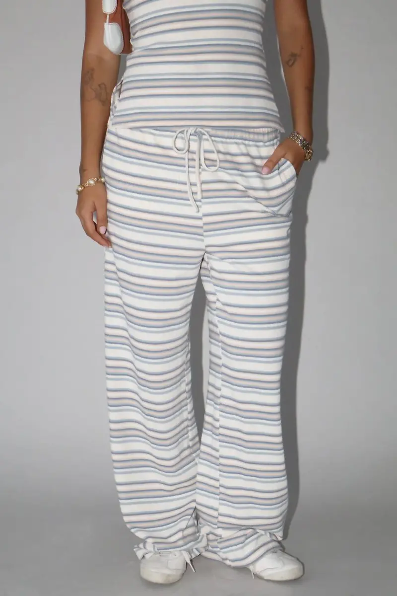 Stripe Knit Wide Leg Pants In Harbor Beige/ Blue 1