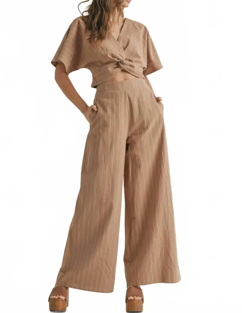 Stripe Pattern Twisted Front Top In Straw/White 1