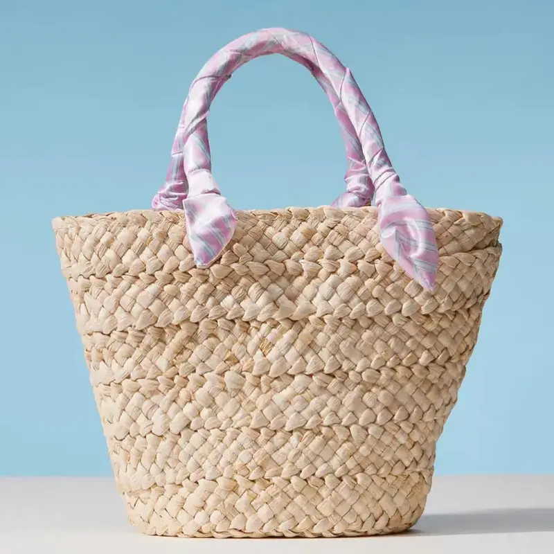 Stripe Print Fabric Scarf Wrapped Handle Raffia Tote Bag 1