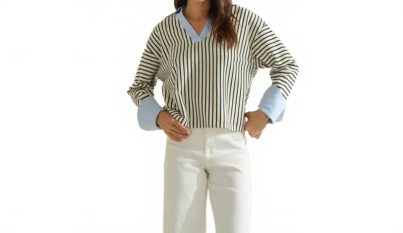 Stripe V-Neck Blouse In Black/White 1