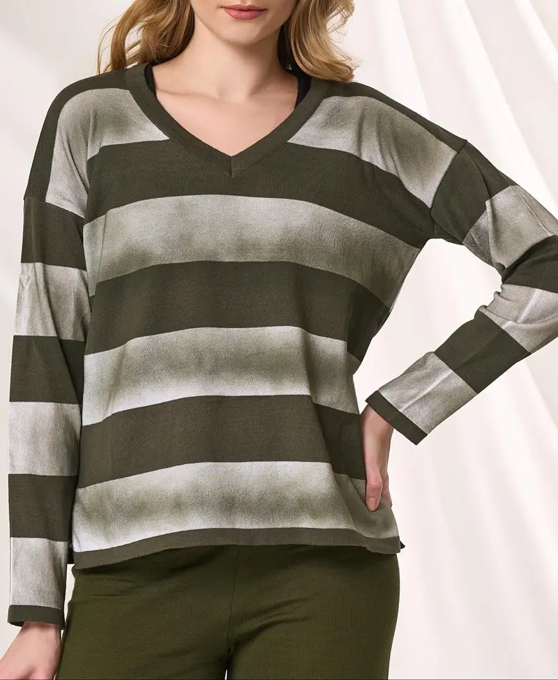 Stripe V-Neck Sweater In Army 1