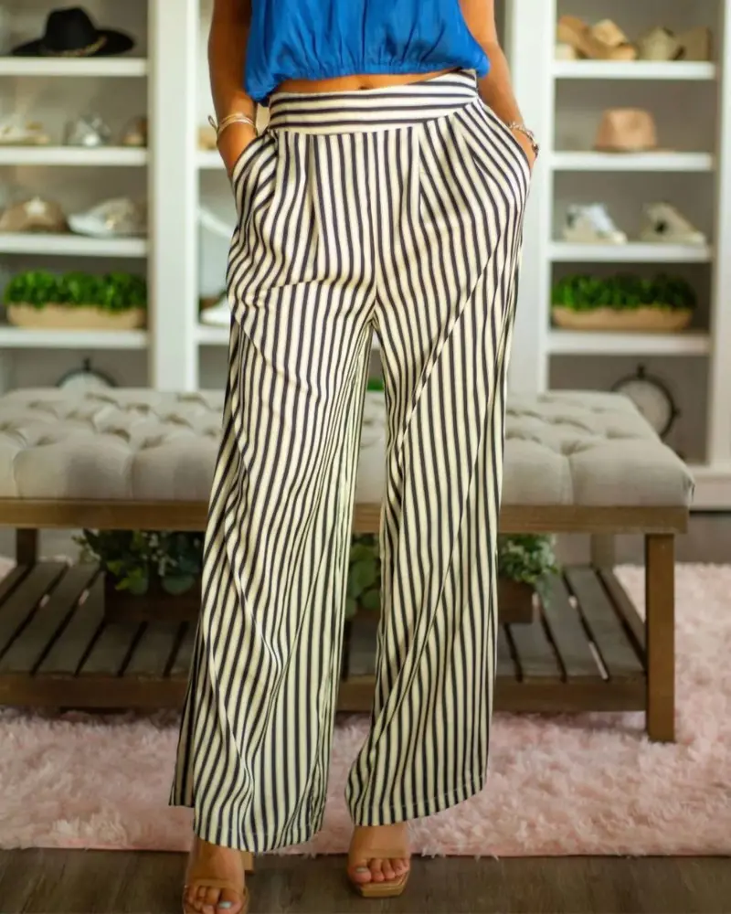 Striped Elastic Waist Straight Leg Pants In Black/ White 1