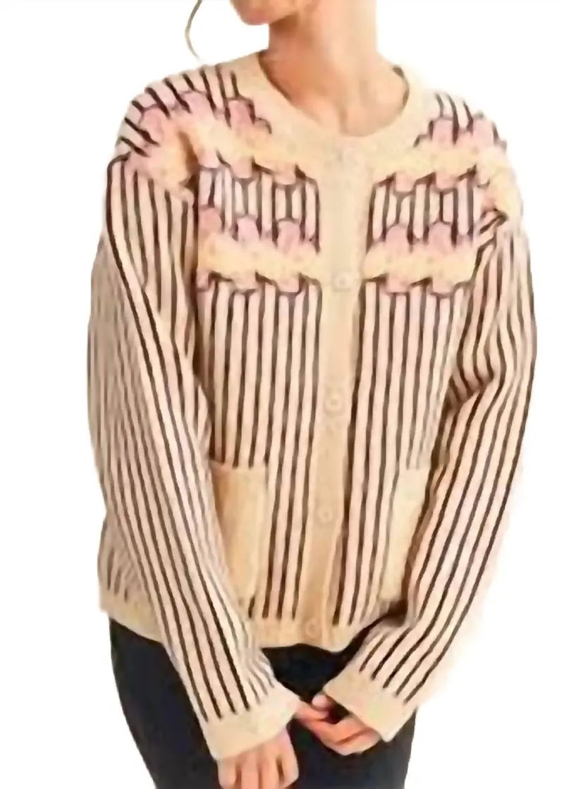 Striped Floral Cardigan In Dark Brown 1