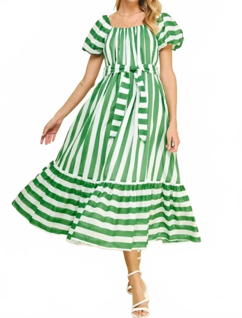 Striped Midi Puff Sleeve Dress In Green 1