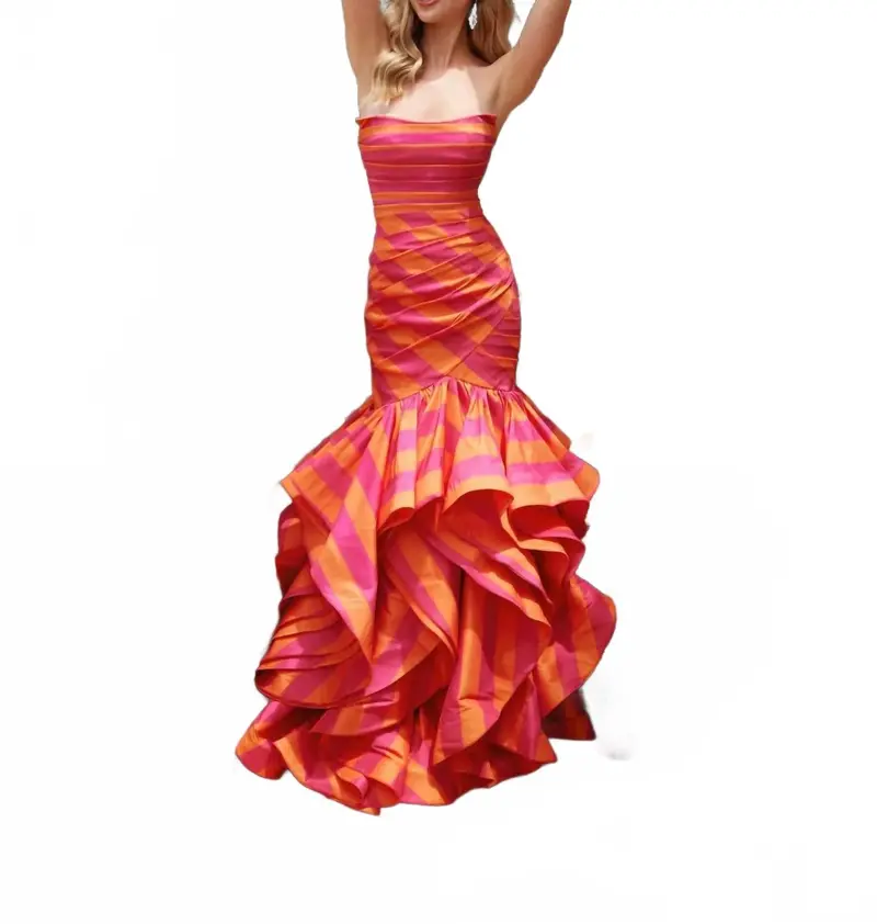 Striped Ruffle Mermaid Prom Dress In Orange Pink 1