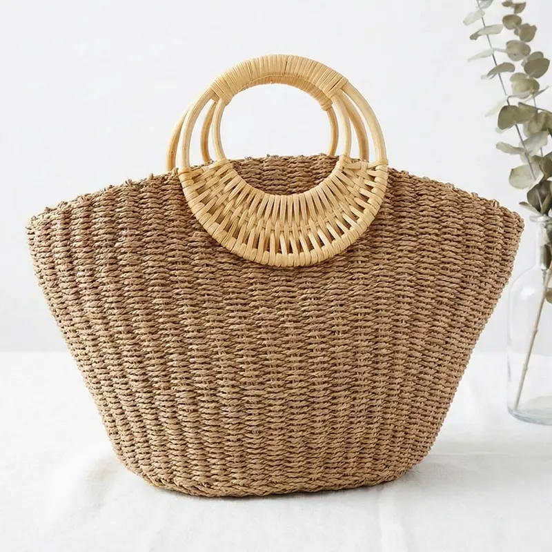 Structured Round Handle Raffia Woven Tote Handbag 1