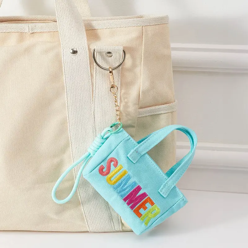 Summer Letter Embroidered Mini Canvas Tote Bag Keychain Bag Charm 1