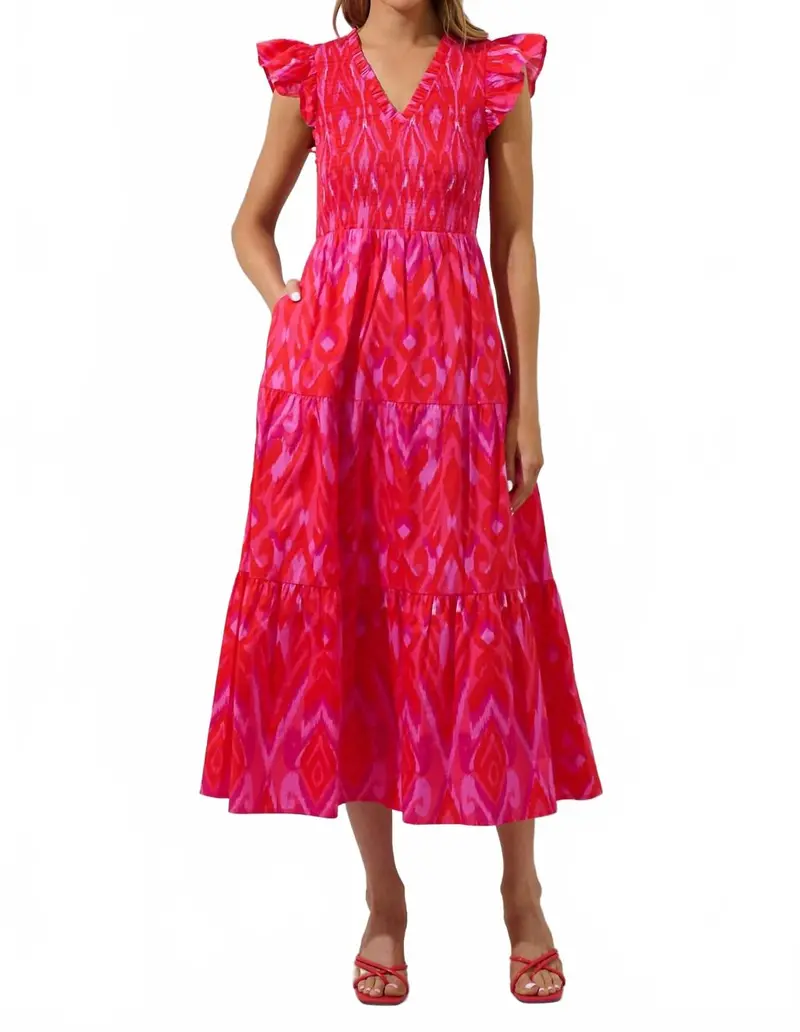 Sunfire Smocked Midi Dress In Red-Pink-Combo 1
