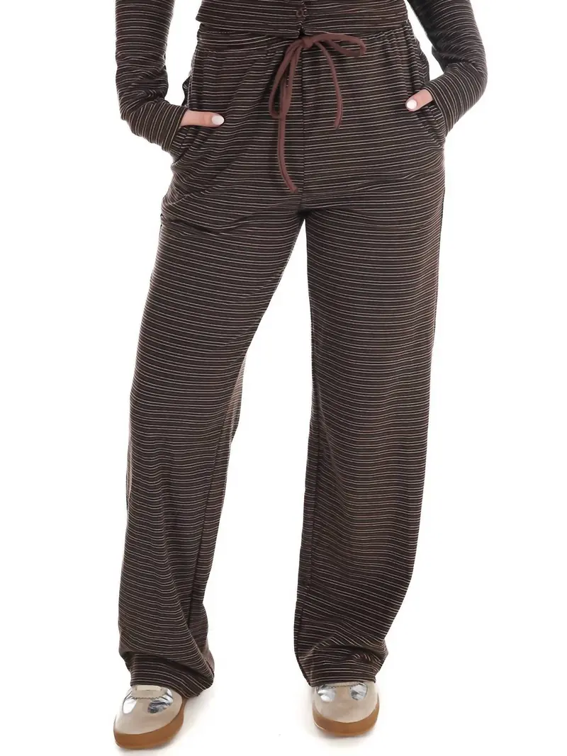 Sweet And Certain Striped Drawstring Lounge Pants In Chocolate 1