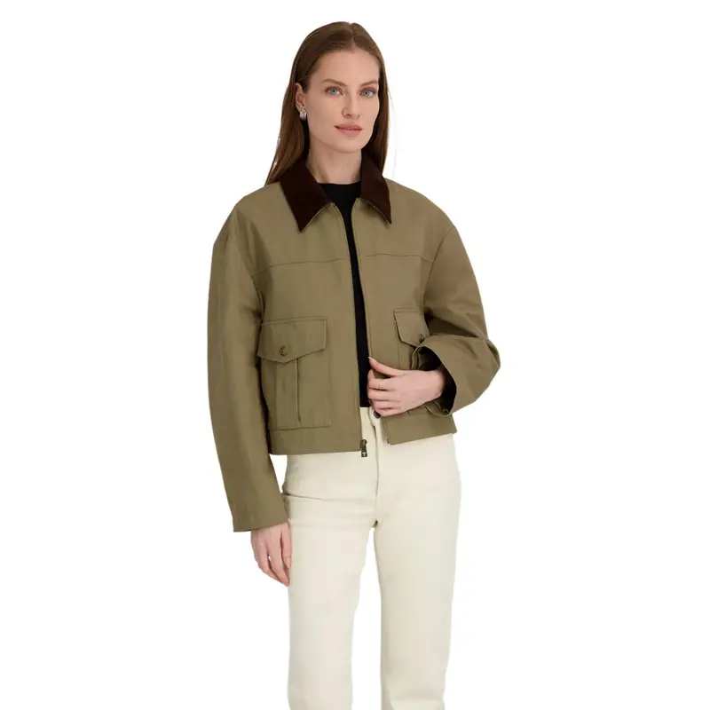 Tahari Women's Deia Short Barn Jacket 100% Cotton Twill Barn Coat W/Corduroy Collar 1