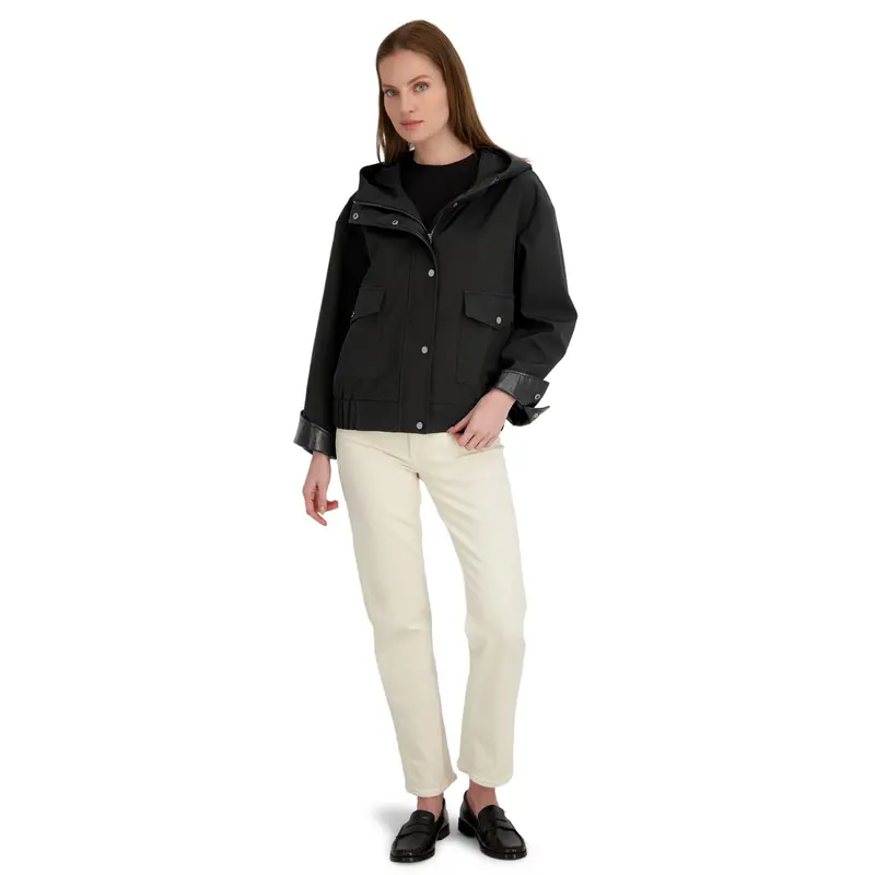 Tahari Women's Leone Hooded Rain Bomber Water-Resistant Softshell Jacket W/Patch Pockets 1