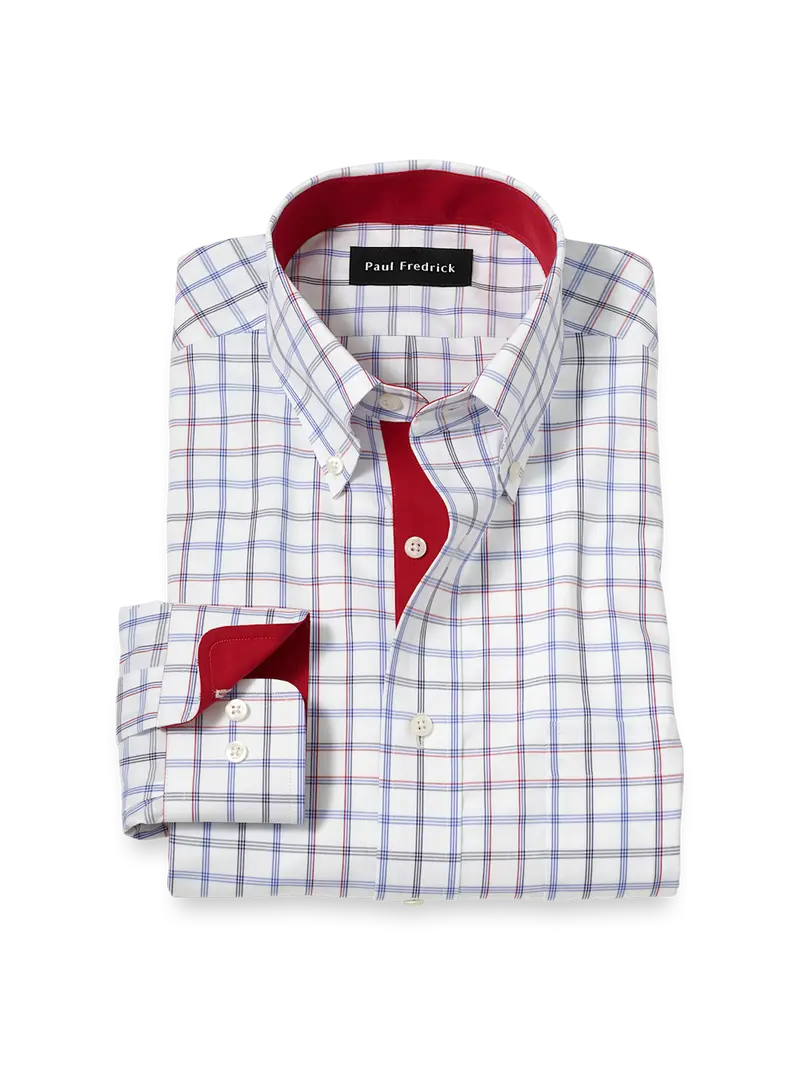 Tailored Fit Non-Iron Cotton Check Dress Shirt With Contrast Trim 1