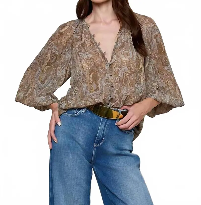 Teagan Dolman Sleeve Blouse In Neutral/Blue Ditsy 1