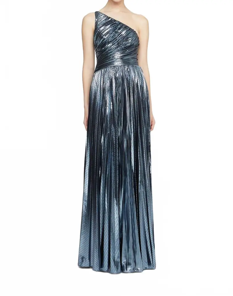 Terese Pleated Metallic One Shoulder Gown In Slate Blue 1