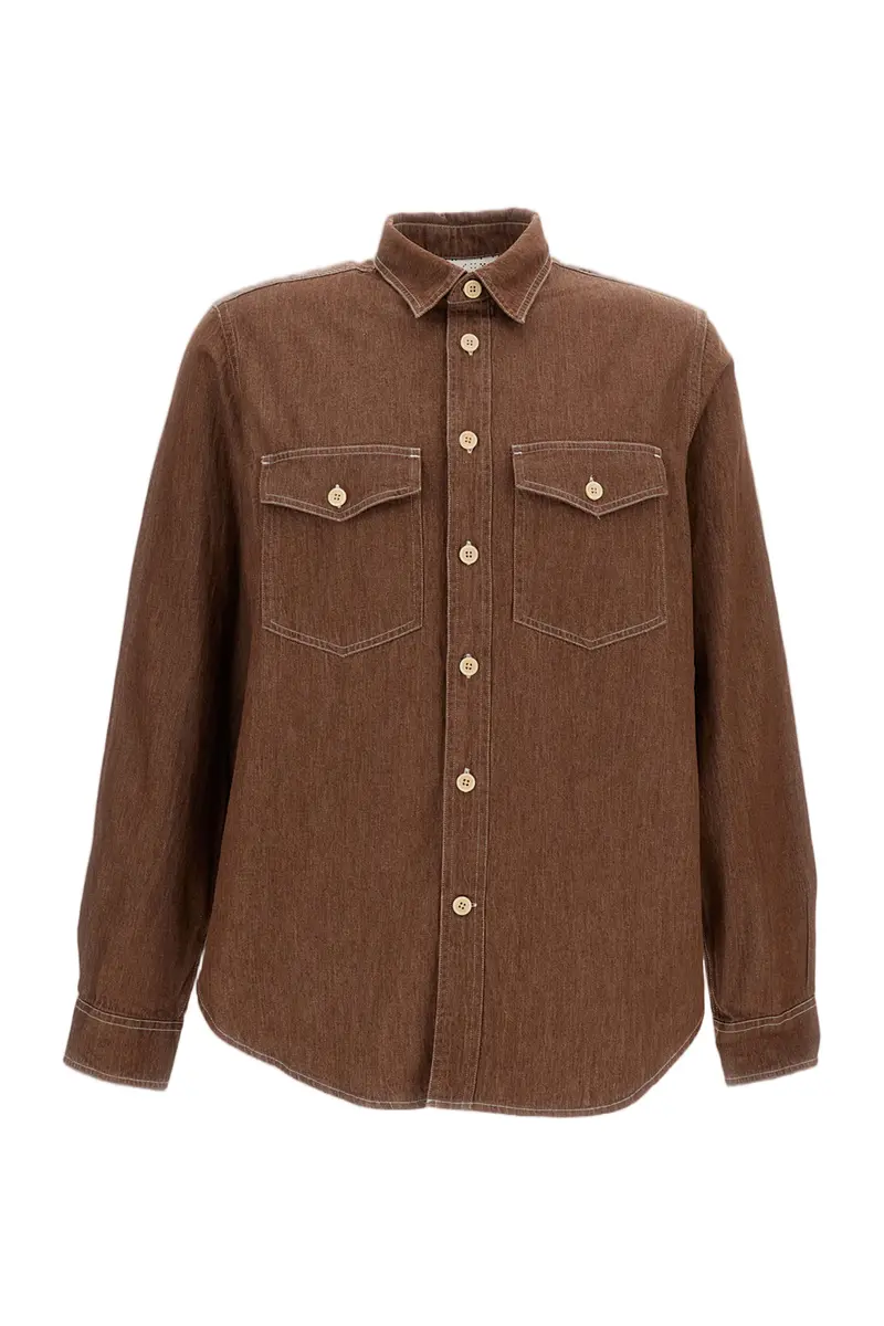 Textured Brown Cotton Shirt With Pointed Collar And Structured Pockets 1