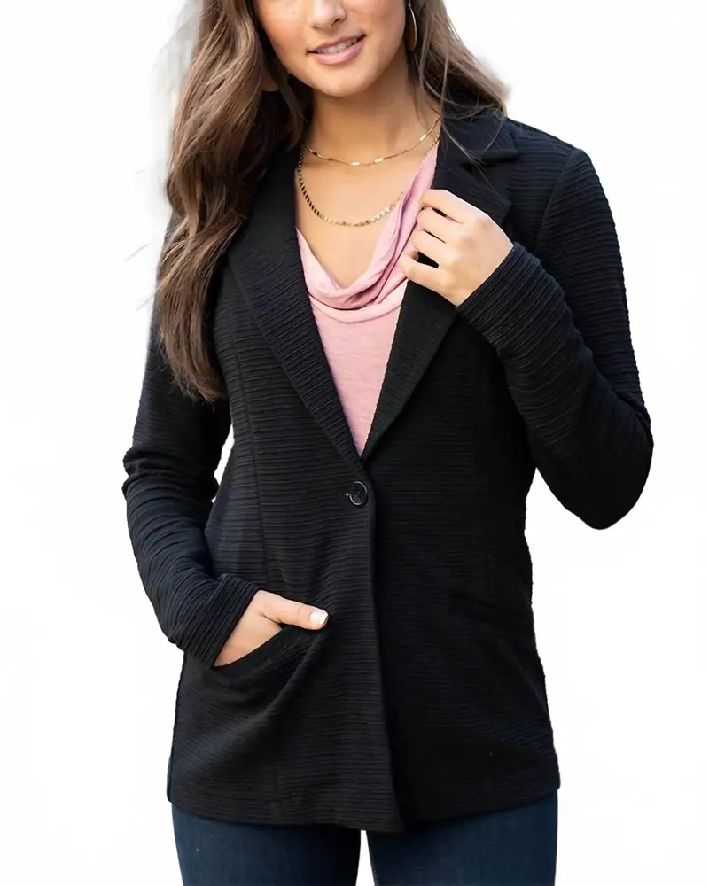 Textured Front Button Blazer In Black 1