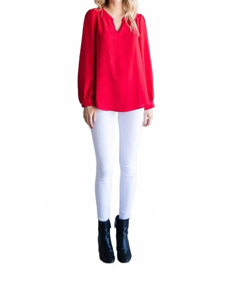 Textured Top With A Collarless Neckline & Long Bubble Sleeves In Tomato Red 1