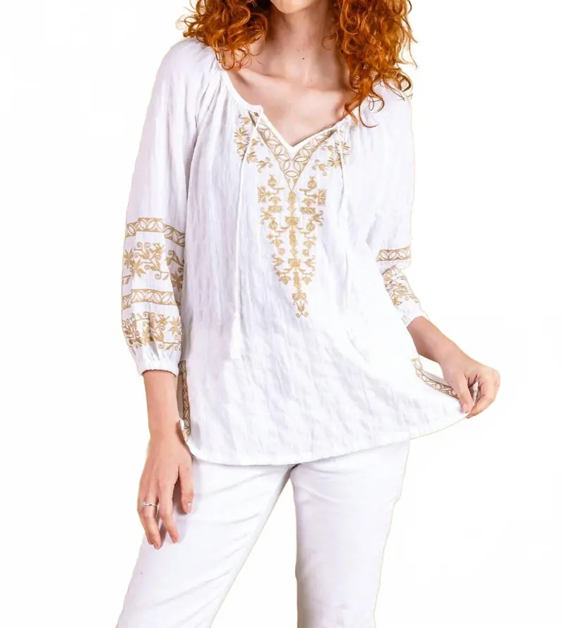 Textured Woven Embroidered Peasant Top In White 1