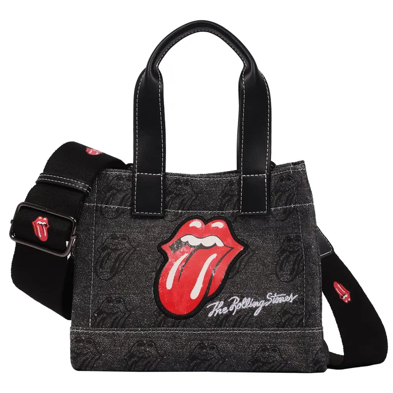The Rolling Stones Black Denim Mini Tote Bag – Tongue Logo Patch, All-Over Print & Adjustable Crossbody Strap 1