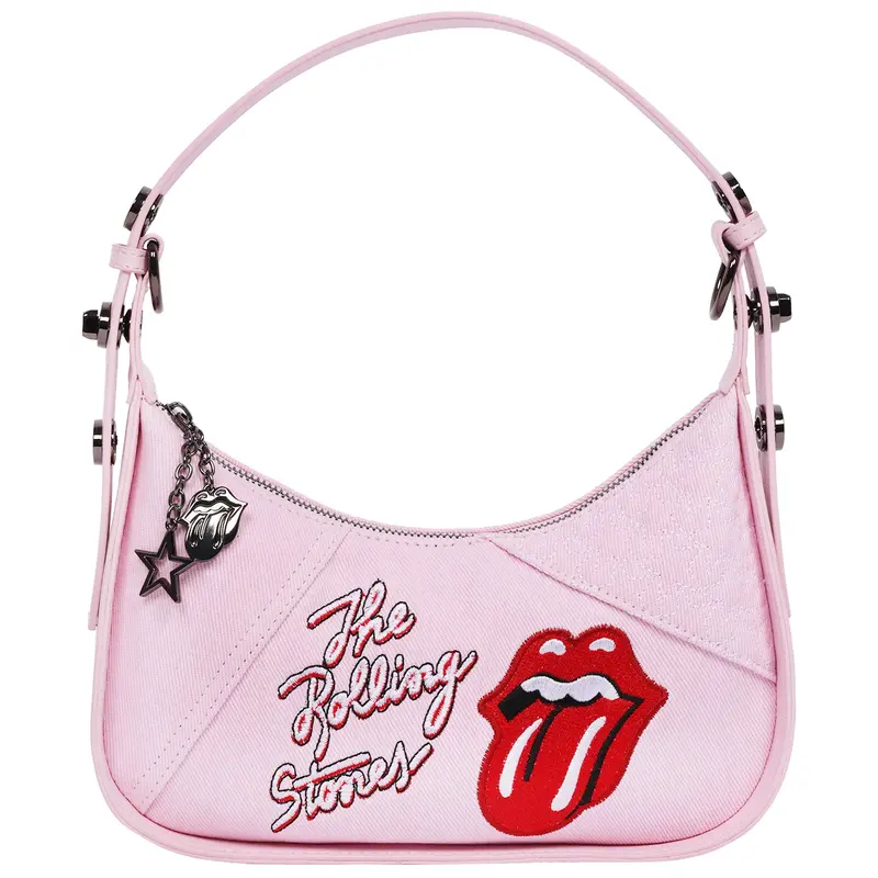 The Rolling Stones Denim Shoulder Bag – Tongue Logo Mini Hobo Purse (Navy/Denim & Pink) 1