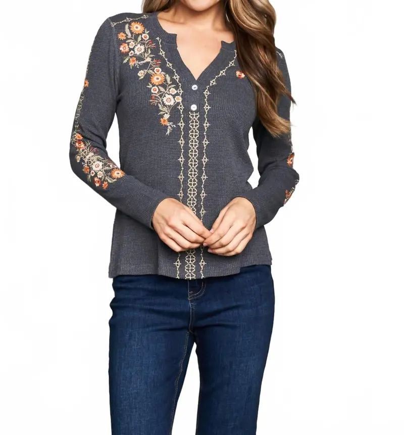 Thermal Knit Embroidered Henley Top In Charcoal 1