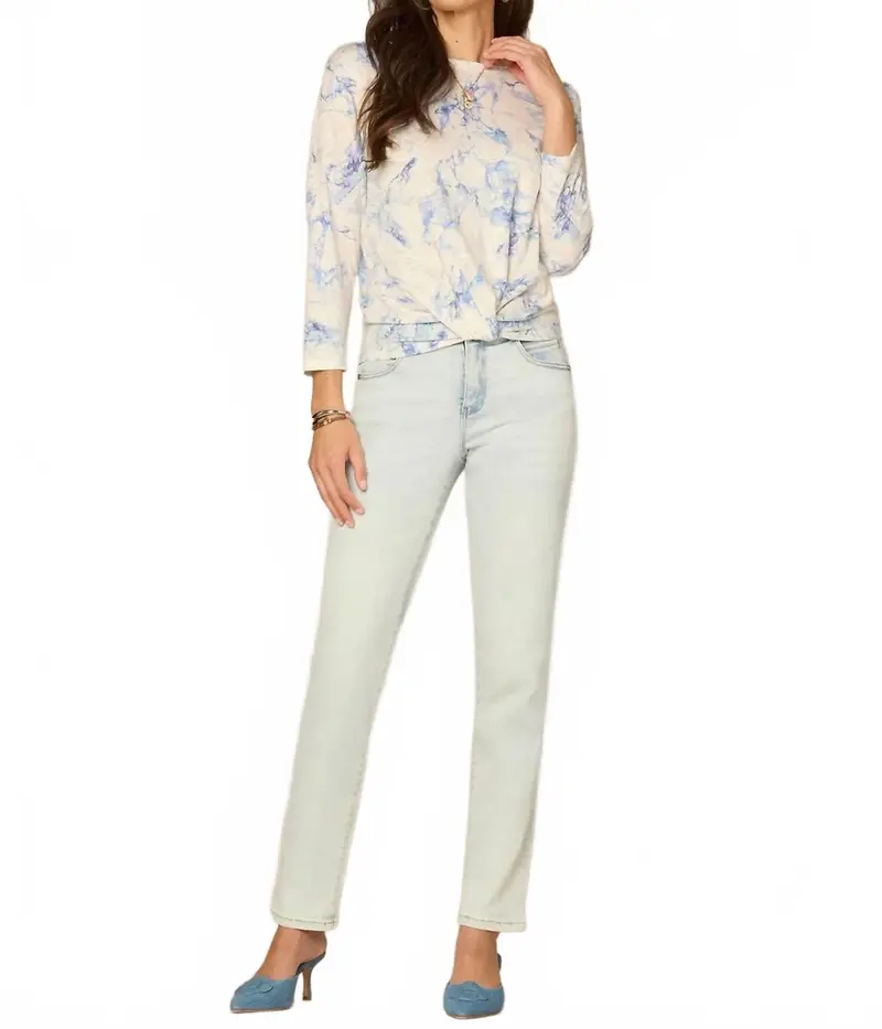 Three Quarter Sleeve Scoop Neck Knit Top In Blue 1