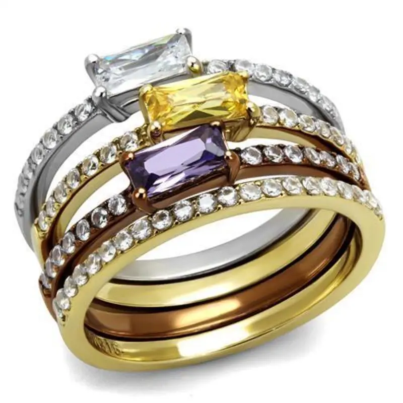 Three Tone (Ip Gold & Ip Light Coffee & High Polished) Stainless Steel Ring With Aaa Grade Cz In Multi Color 1