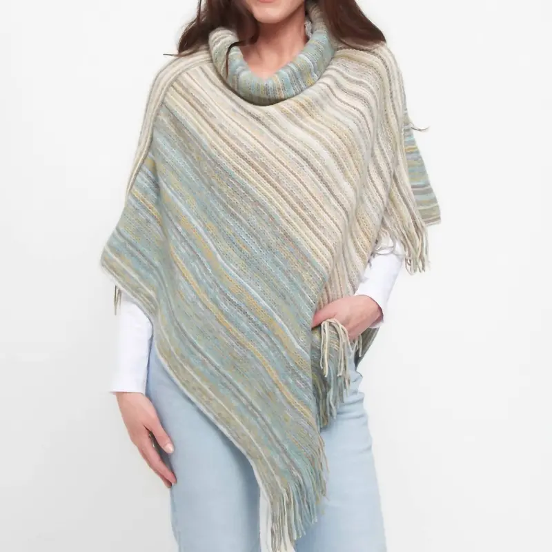 Tiya Striped Funnel Neck Poncho In Sage 1