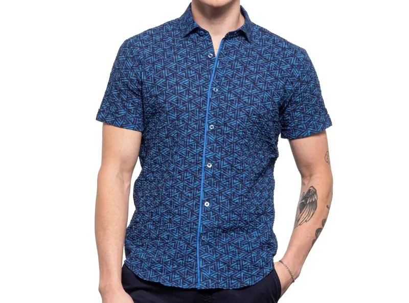 Triangle Seersucker Short Sleeve Shirt In Navy 1
