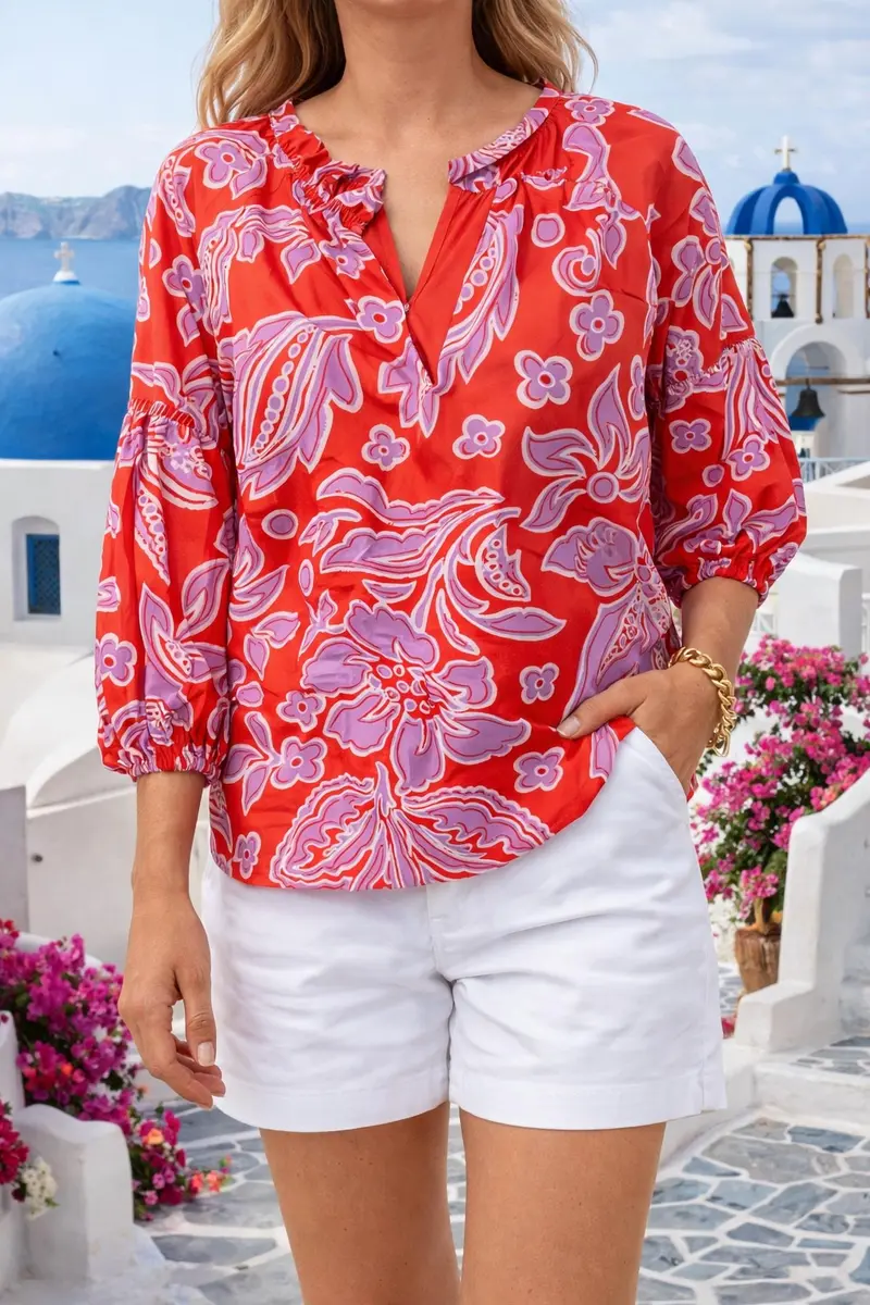 Trimmed Peasant Top In Orange, Purple 1