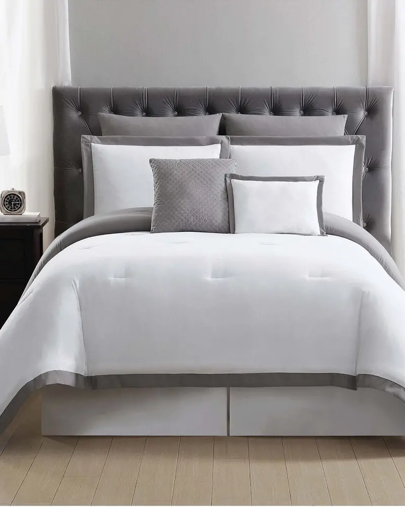 Truly Soft Everyday Hotel Border White & Grey 7Pc Comforter Set 1