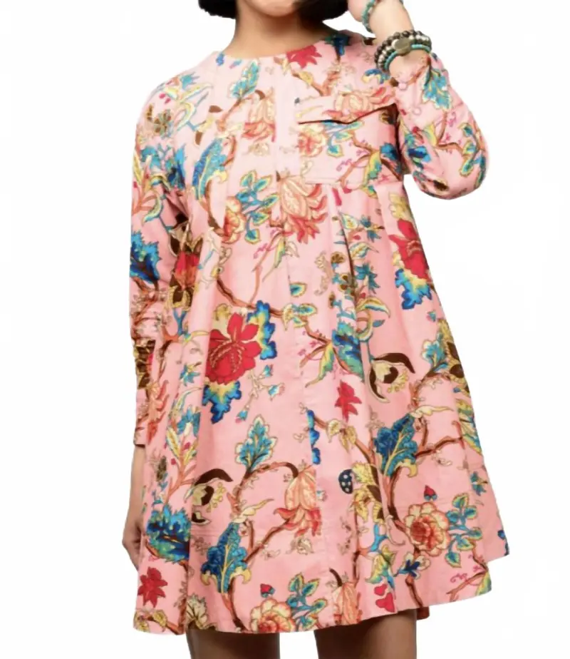 Tuck And Swing Long Sleeve Dress In Pink 1