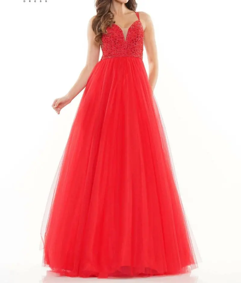 Tulle Beaded Ball Gown In Red 1