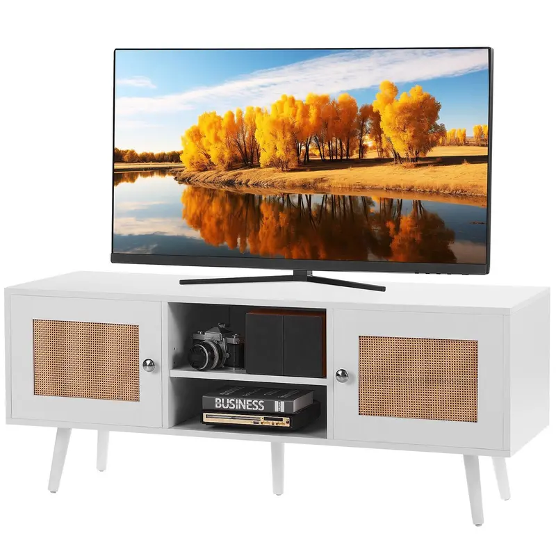 Tv Stand, Boho Tv Cabinet For 55 Inch Tv, Mid Century Modern Tv Stand, 47Inch  Tv Console With Adjustable Shelfs For Living Room, Media Room, White 1