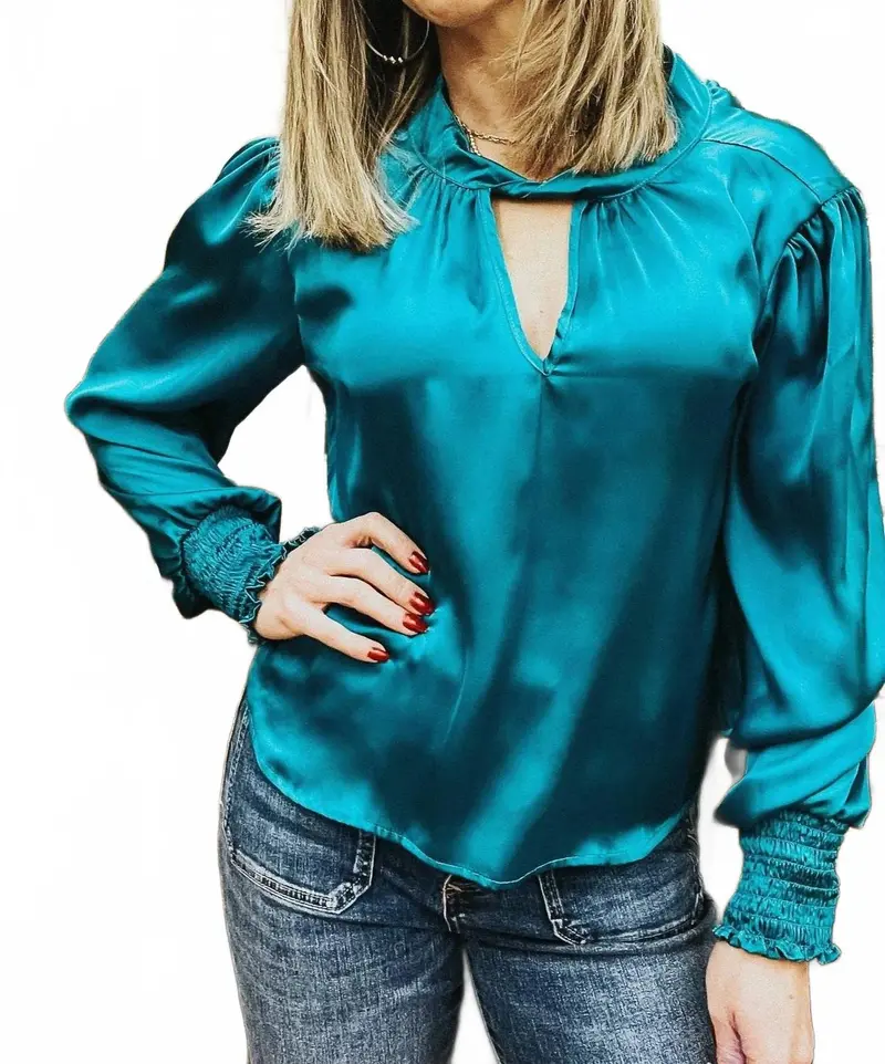 Twist Neck Long Sleeve Blouse In Teal 1