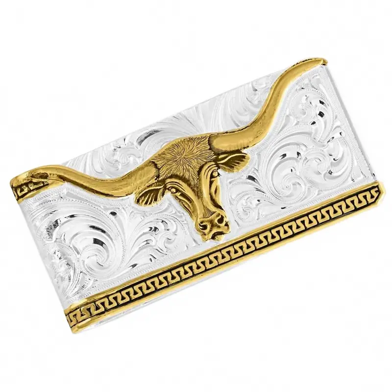 Two Tone Carved Longhorn Belt In Silver/Gold 1