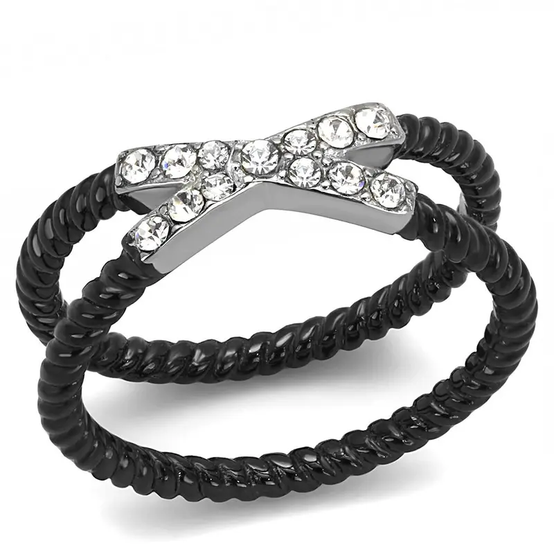 Two-Tone Ip Black (Ion Plating) Stainless Steel Ring With Top Grade Crystal In Clear 1