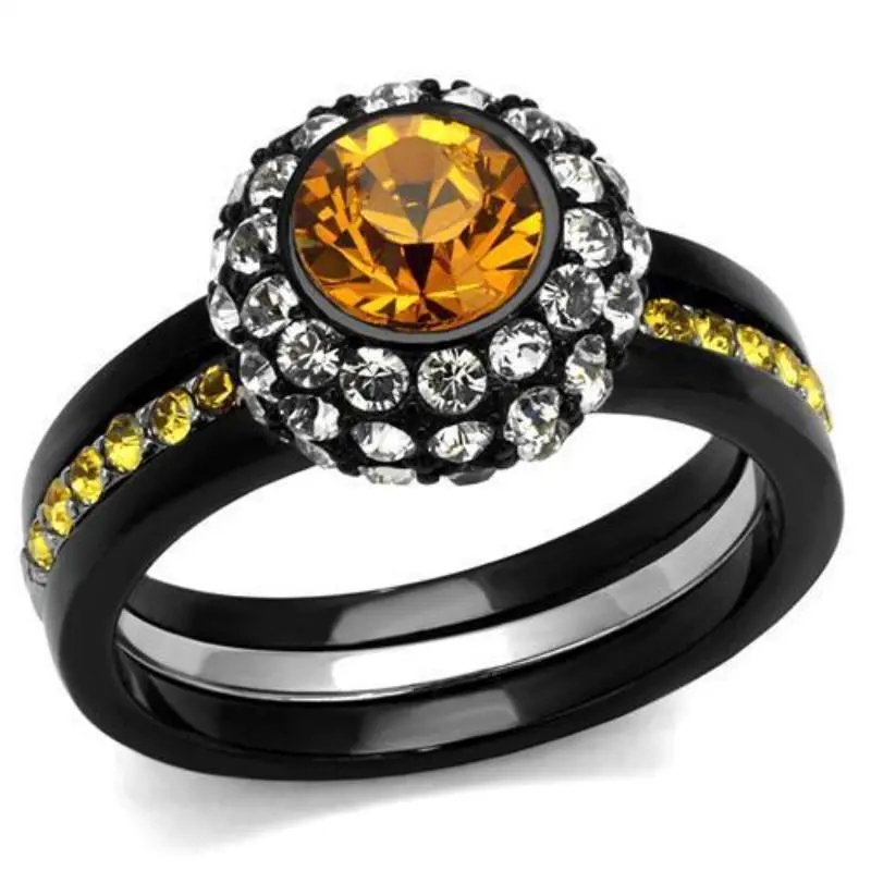 Two-Tone Ip Black (Ion Plating) Stainless Steel Ring With Top Grade Crystal In Topaz 1