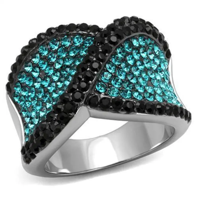 Two-Tone Ip Black Stainless Steel Ring With Top Grade Crystal In Blue Zircon 1