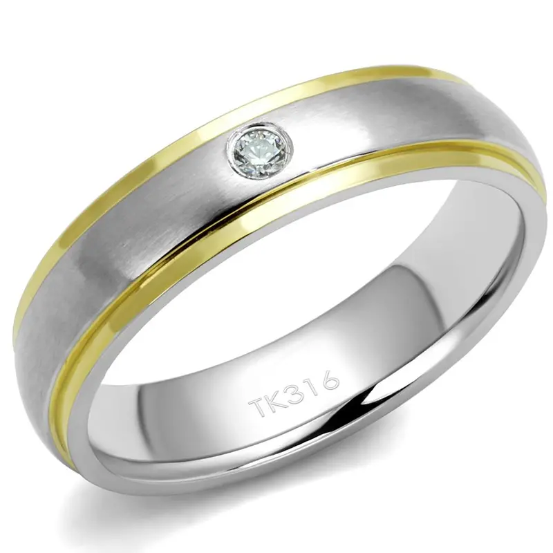 Two-Tone Ip Gold (Ion Plating) Stainless Steel Ring With Aaa Grade Cz In Clear 1
