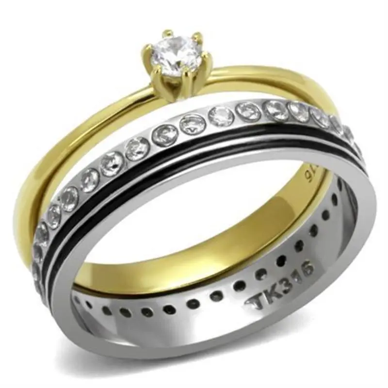 Two-Tone Ip Gold (Ion Plating) Stainless Steel Ring With Aaa Grade Cz In Clear 1