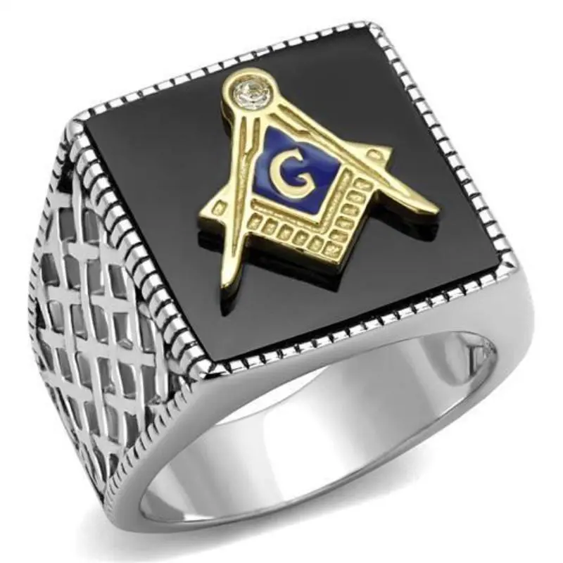 Two-Tone Ip Gold (Ion Plating) Stainless Steel Ring With Semi-Precious Agate In Jet 1