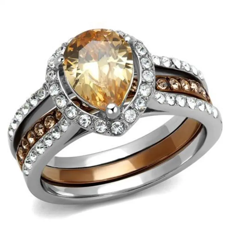 Two Tone Ip Light Brown (Ip Light Coffee) Stainless Steel Ring With Aaa Grade Cz In Champagne 1