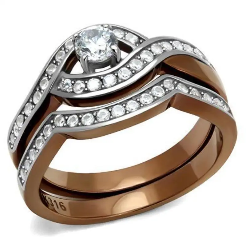 Two Tone Ip Light Brown (Ip Light Coffee) Stainless Steel Ring With Aaa Grade Cz In Clear 1