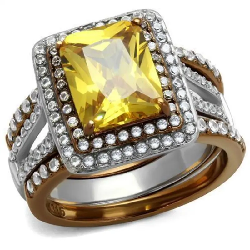 Two Tone Ip Light Brown (Ip Light Coffee) Stainless Steel Ring With Aaa Grade Cz In Topaz 1