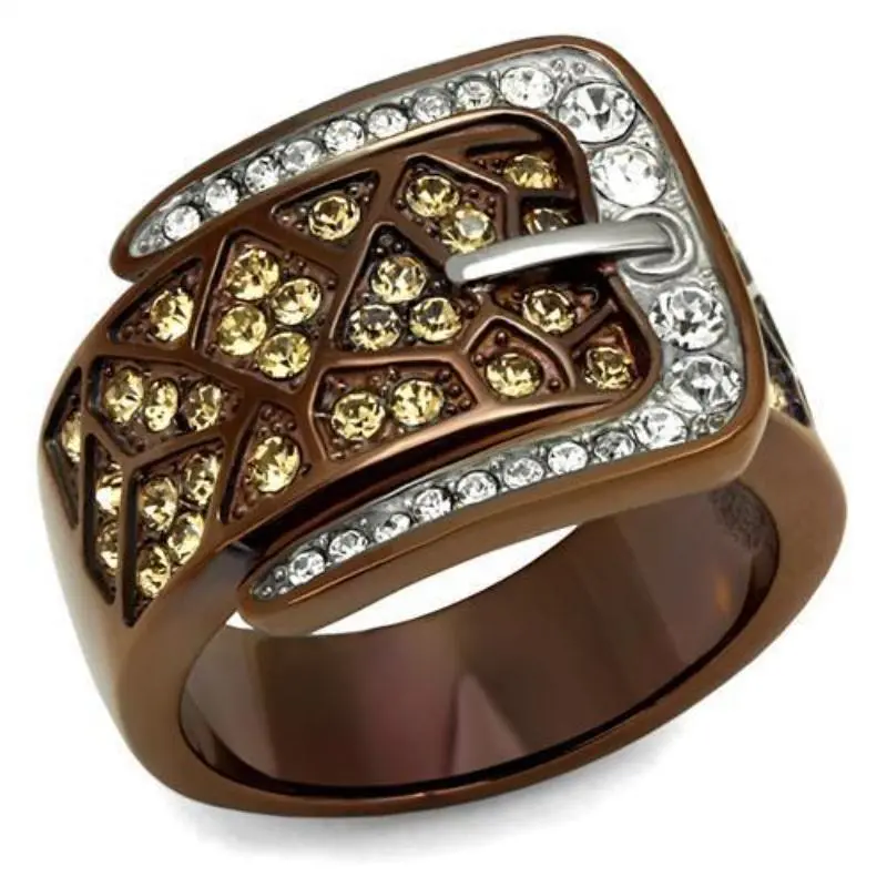 Two Tone Ip Light Brown (Ip Light Coffee) Stainless Steel Ring With Top Grade Crystal In Citrine Yellow 1
