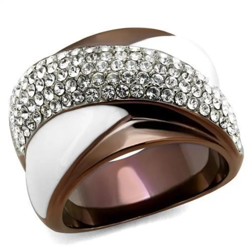 Two Tone Ip Light Brown (Ip Light Coffee) Stainless Steel Ring With Top Grade Crystal In Clear 1