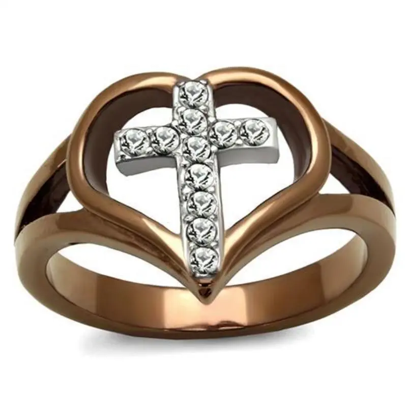 Two Tone Ip Light Brown (Ip Light Coffee) Stainless Steel Ring With Top Grade Crystal In Clear 1