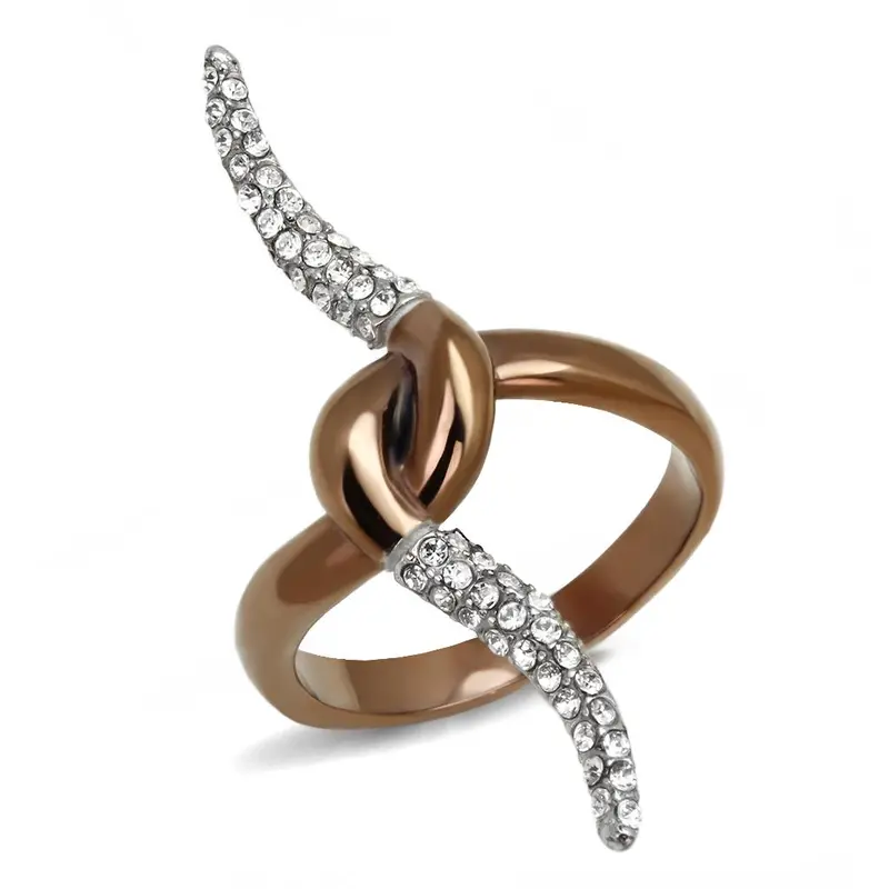 Two Tone Ip Light Brown (Ip Light Coffee) Stainless Steel Ring With Top Grade Crystal In Clear 1