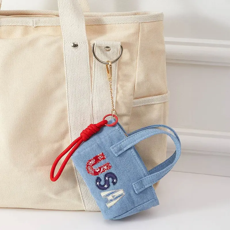 Usa Letter Embroidered Mini Canvas Tote Bag Keychain Bag Charm 1